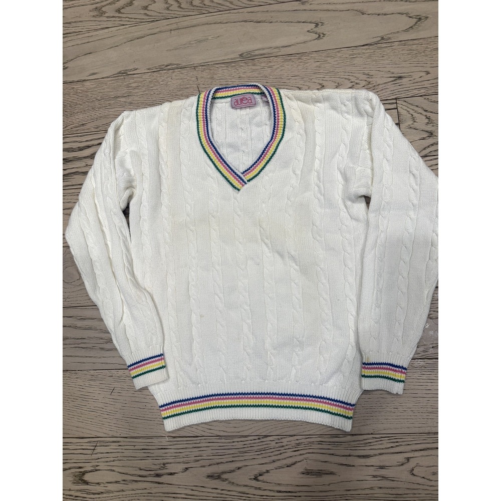 Vintage Y2K Cable Knit Cricket Tennis Sweater Rainbow V Neck Preppy‎ Cable Knit